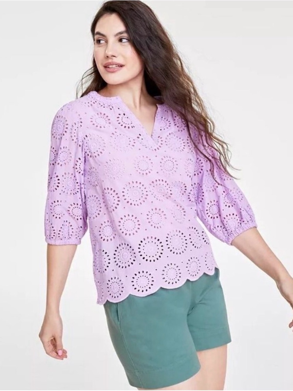 Lavender Eyelet V-Neck Women's Top